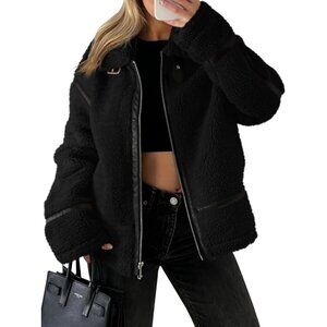 Women's Faux Fur Jacket Winter Trendy Sherpa Moto Leather Patchwork Zip Up Black